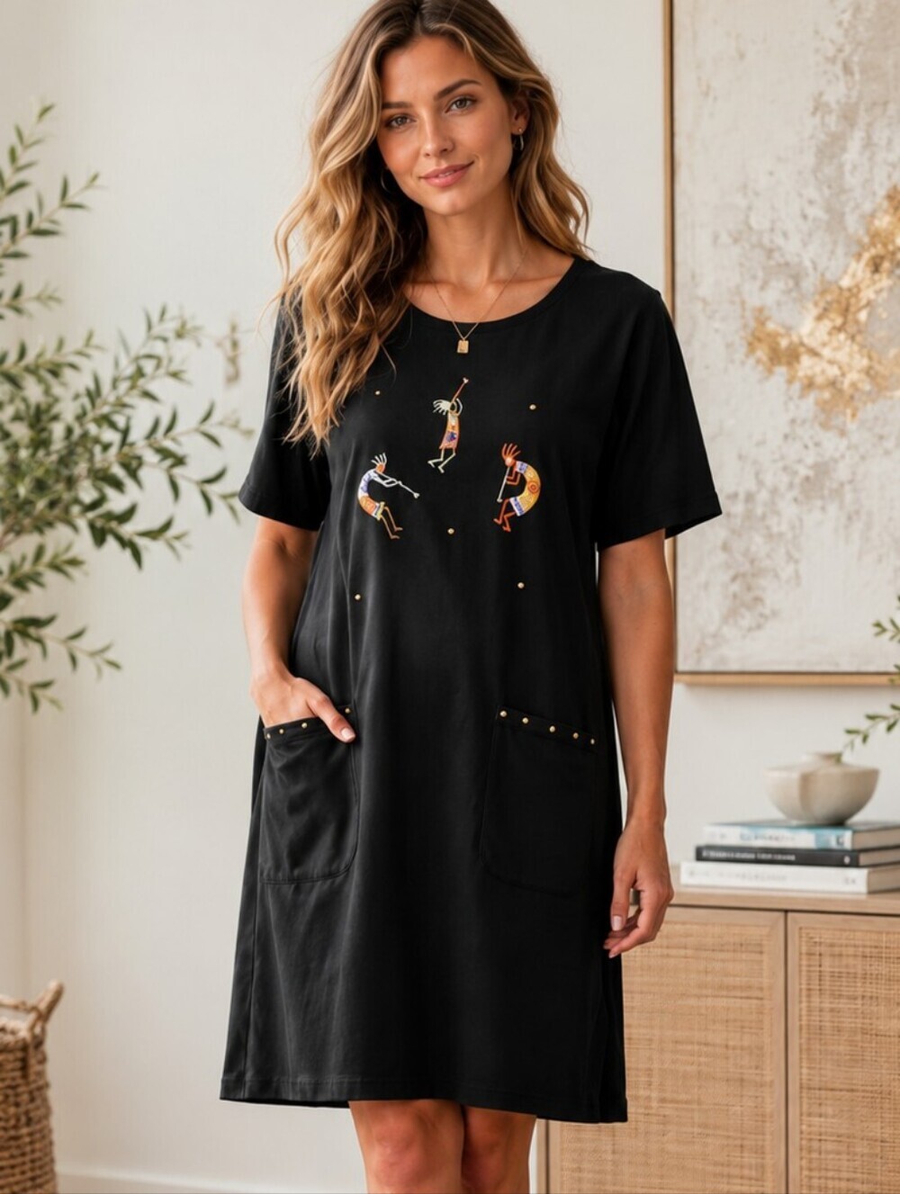 Cactus California Kokopelli Dress Black Southwestern Artsy Studded Pocket Dress